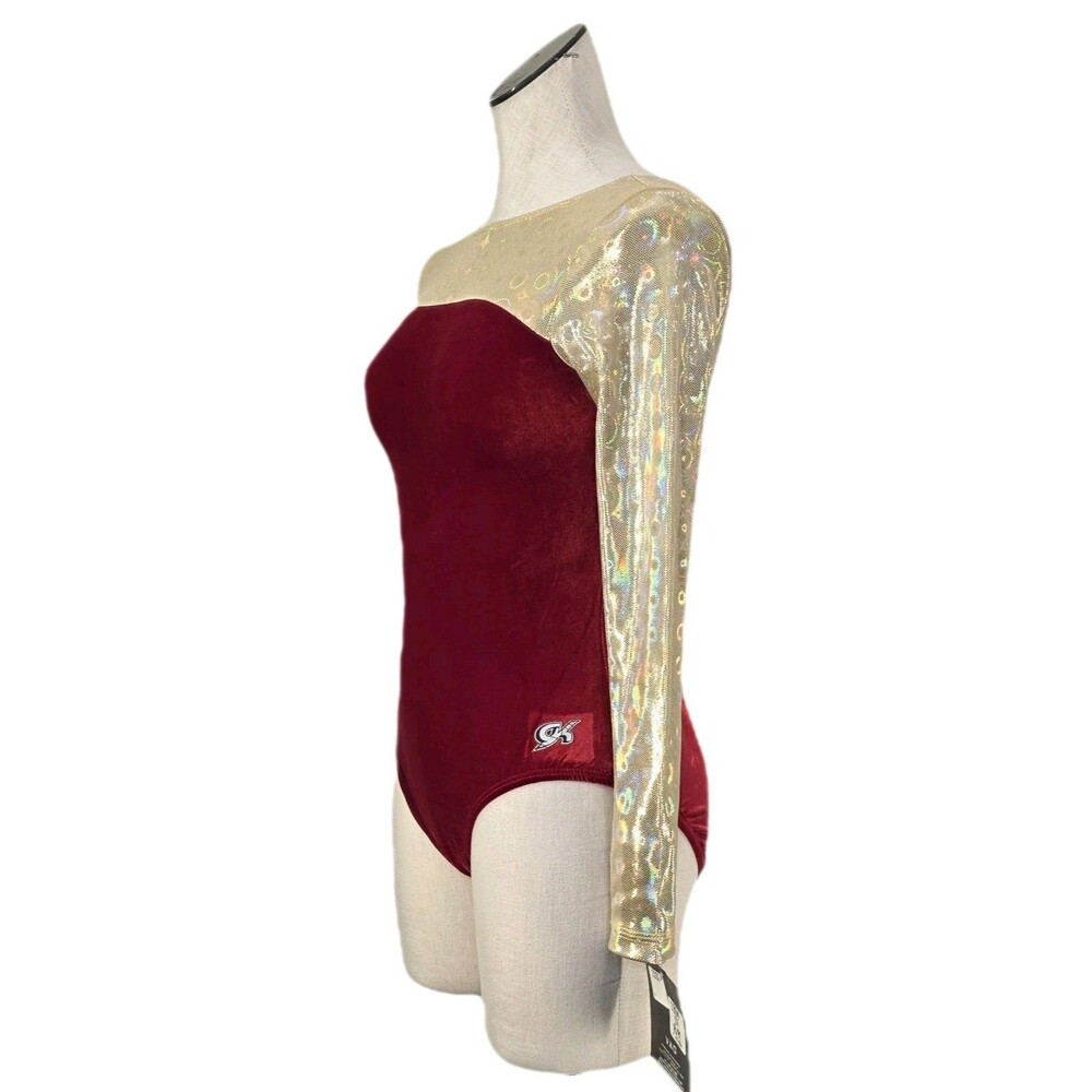GK Elite VTG Gold Holographic Pixel LS Red Velvet Gymnastics Leotard AM Adult M